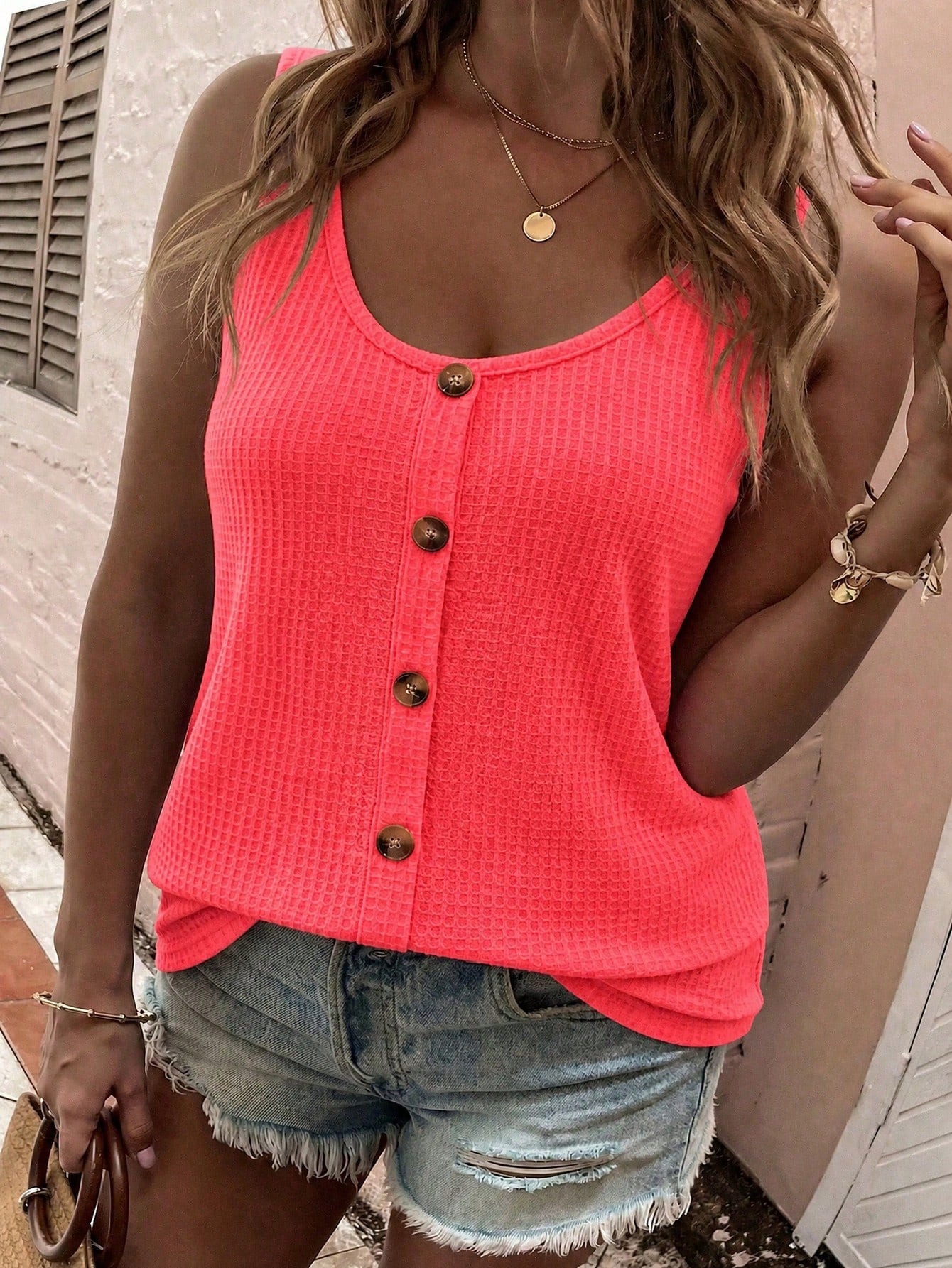 LUNE New Plus Size Women's Fashion Casual Versatile Button-Up U-Neck Neon Color Tank Top