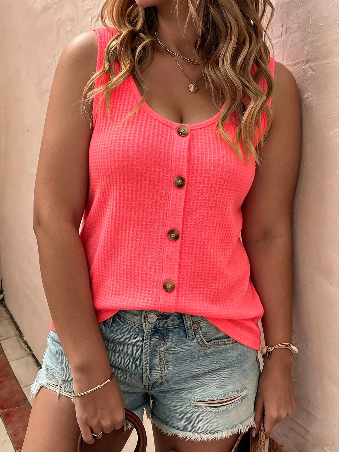 LUNE New Plus Size Women's Fashion Casual Versatile Button-Up U-Neck Neon Color Tank Top