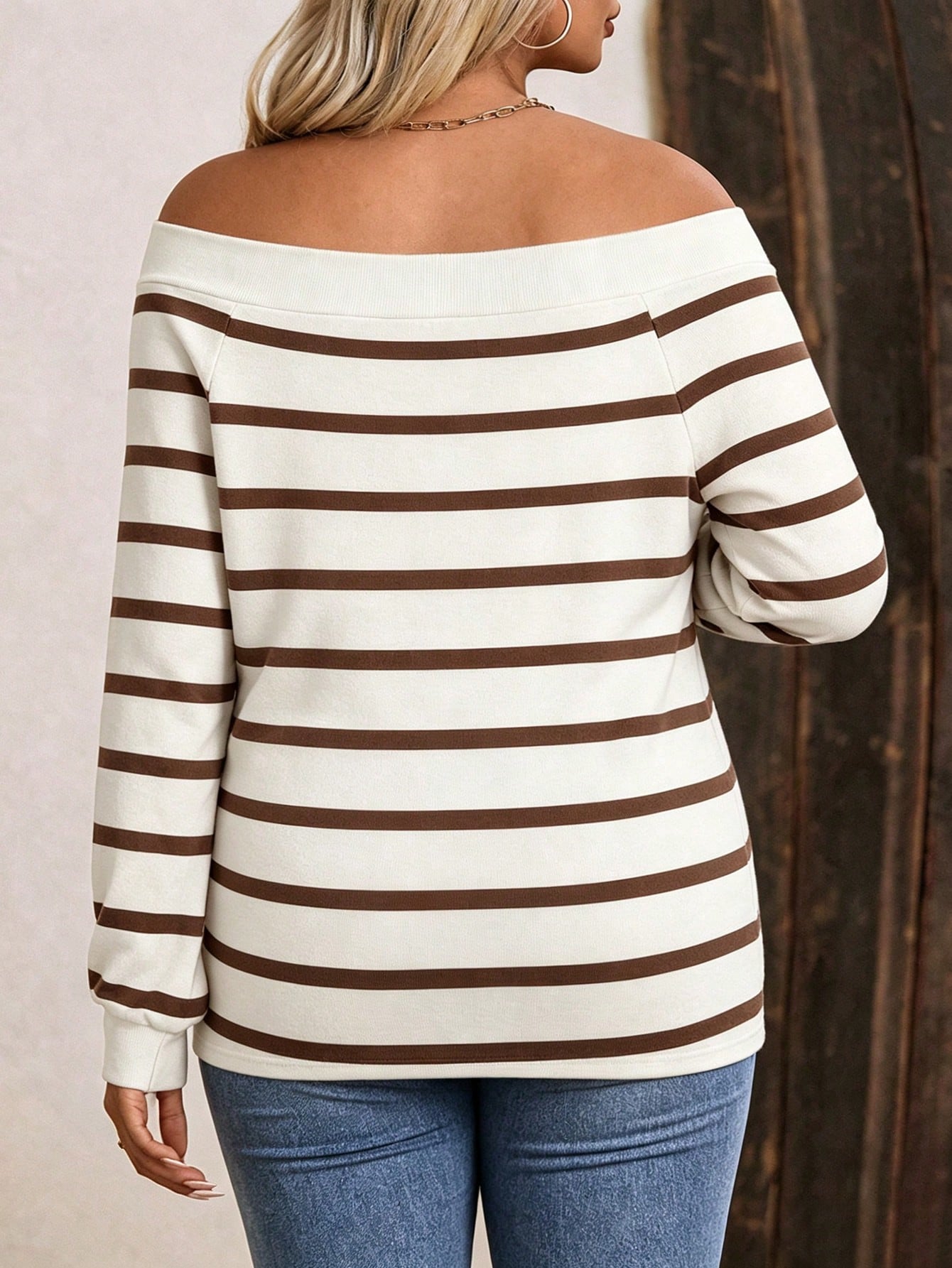 LUNE New Plus Size Women's Fashion Casual Versatile Off-Shoulder Striped Long Sleeve T-Shirt Fall