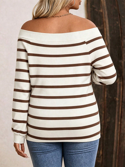 LUNE New Plus Size Women's Fashion Casual Versatile Off-Shoulder Striped Long Sleeve T-Shirt Fall