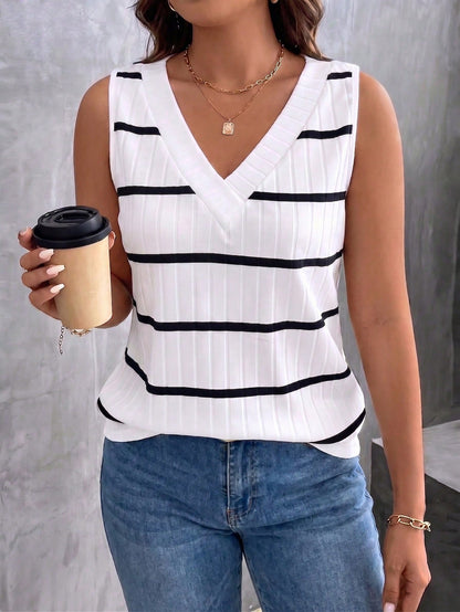 LUNE New Vintage Plus Size Women's Fashion Casual White Ribbed Fabric Ribbed Print V-Neck Layered Tank Top