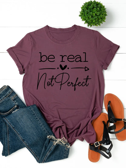 LUNE Plus Heart & Slogan Graphic Tee, Women Summer Top, Be Real Not Perfect