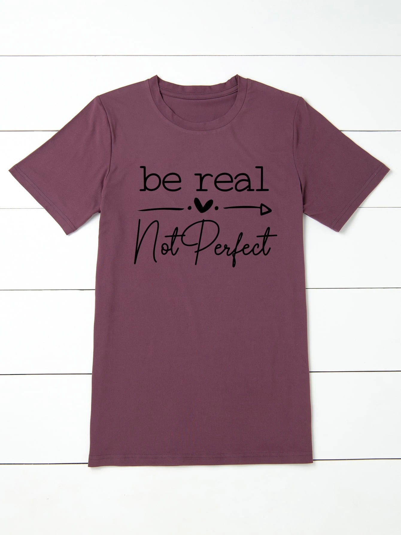 LUNE Plus Heart & Slogan Graphic Tee, Women Summer Top, Be Real Not Perfect