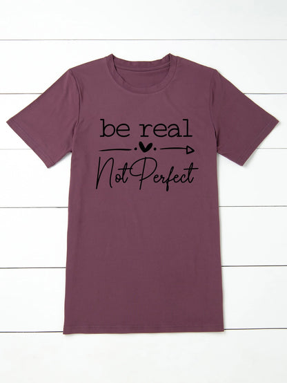 LUNE Plus Heart & Slogan Graphic Tee, Women Summer Top, Be Real Not Perfect