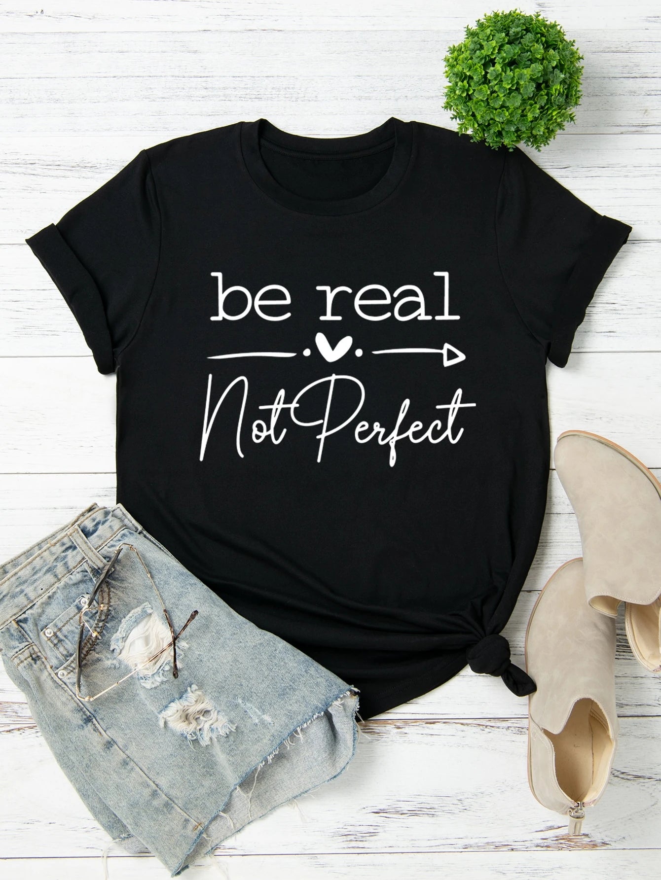 LUNE Plus Heart & Slogan Graphic Tee, Women Summer Top, Be Real Not Perfect
