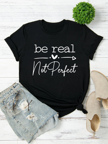 LUNE Plus Heart & Slogan Graphic Tee, Women Summer Top, Be Real Not Perfect