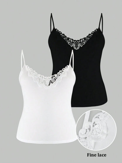 LUNE Plus Size Lace Patchwork Solid Color Camisole 2 Pieces Set