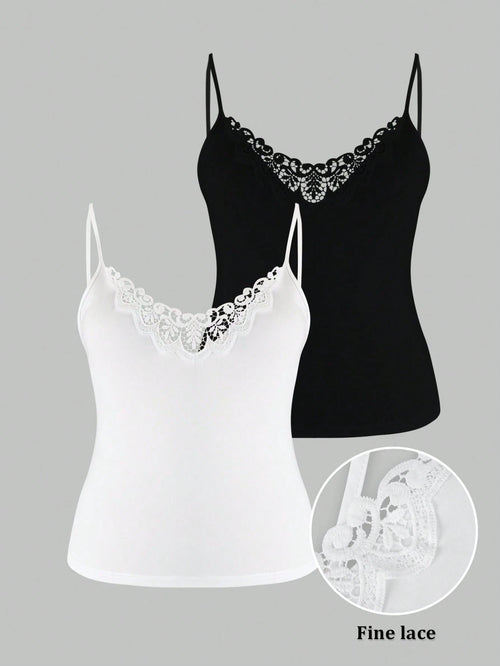 LUNE Plus Size Lace Patchwork Solid Color Camisole 2 Pieces Set