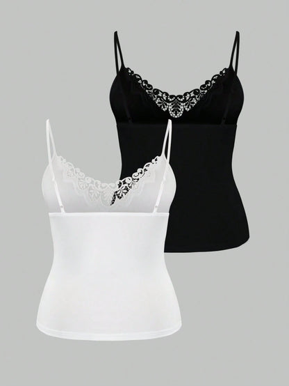 LUNE Plus Size Lace Patchwork Solid Color Camisole 2 Pieces Set