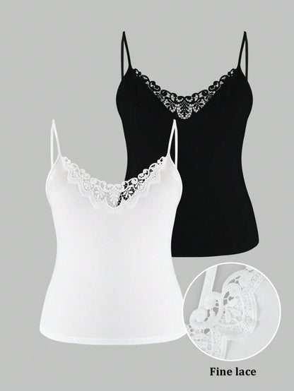 LUNE Plus Size Lace Patchwork Solid Color Camisole 2 Pieces Set