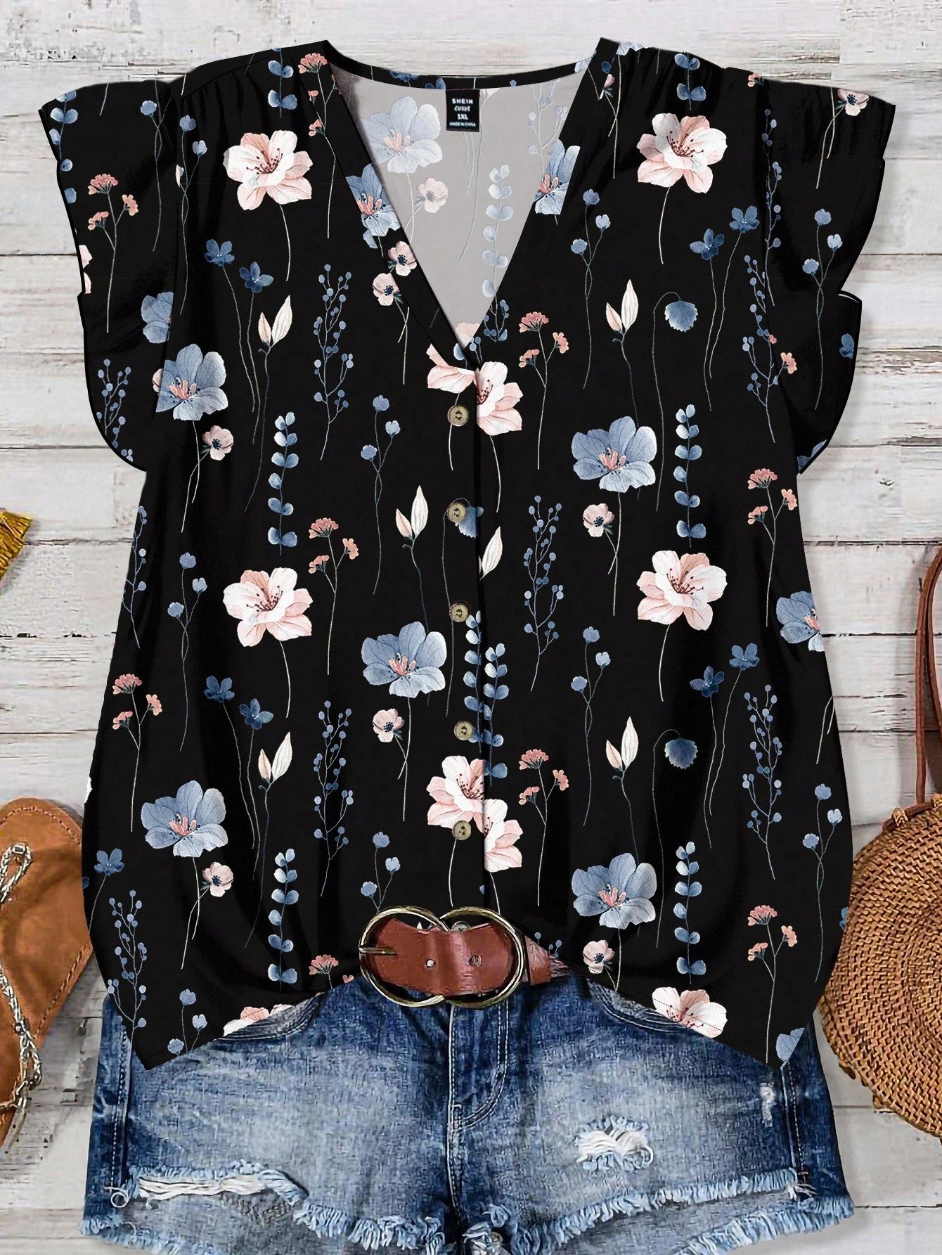 LUNE Plus Size Women Casual Black Summer Boho Vacation Holiday V-Neck Flutter Sleeve Relaxed Fit Blue & White Floral Print Loose Chiffon Shirt Blouse Fall