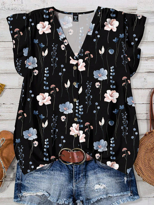 LUNE Plus Size Women Casual Black Summer Boho Vacation Holiday V-Neck Flutter Sleeve Relaxed Fit Blue & White Floral Print Loose Chiffon Shirt Blouse Fall