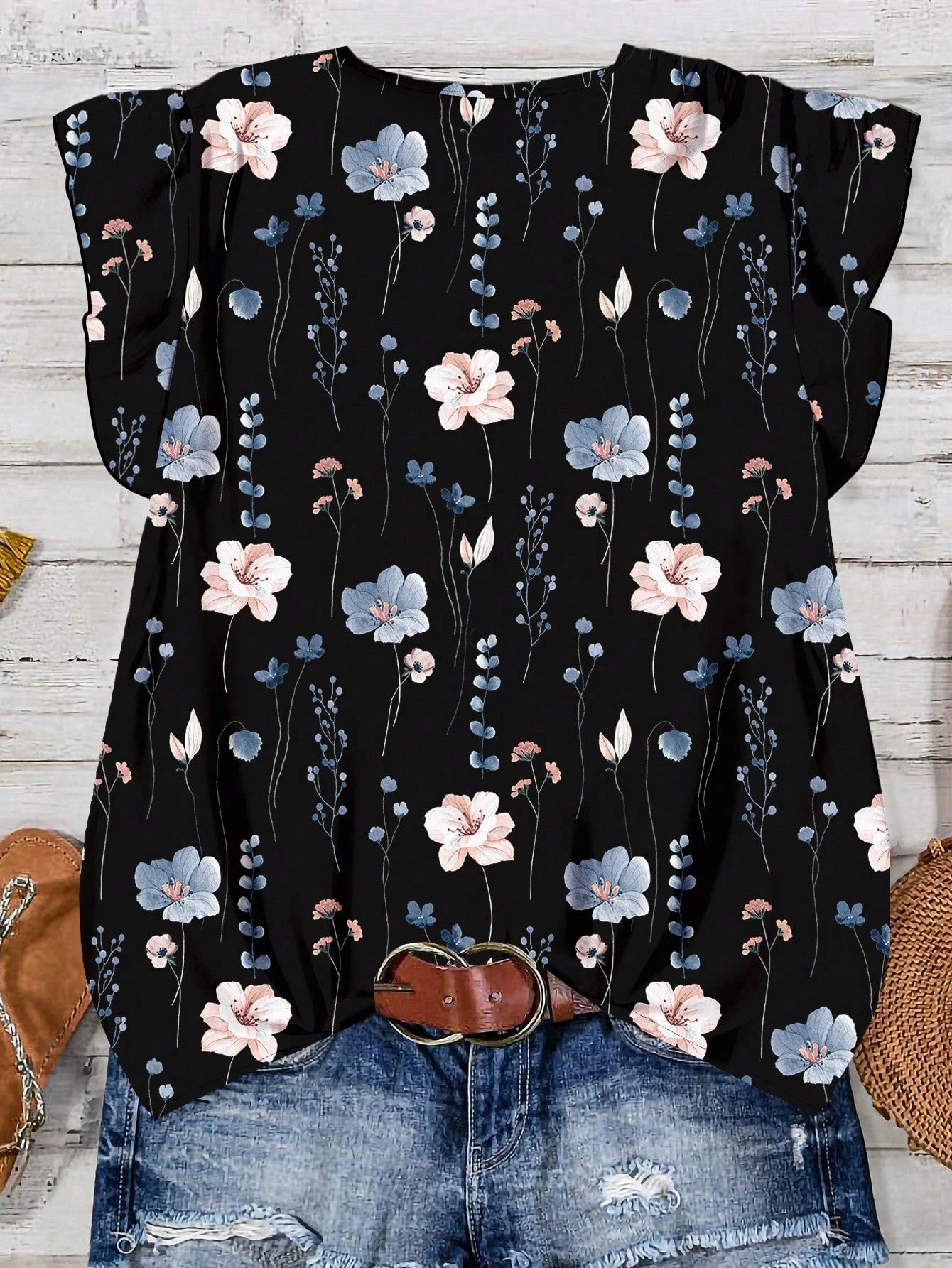 LUNE Plus Size Women Casual Black Summer Boho Vacation Holiday V-Neck Flutter Sleeve Relaxed Fit Blue & White Floral Print Loose Chiffon Shirt Blouse Fall