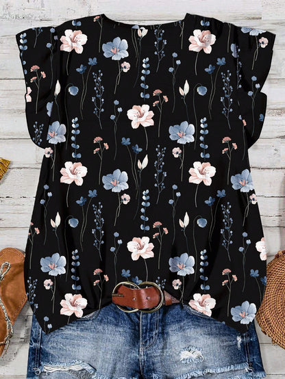 LUNE Plus Size Women Casual Black Summer Boho Vacation Holiday V-Neck Flutter Sleeve Relaxed Fit Blue & White Floral Print Loose Chiffon Shirt Blouse Fall