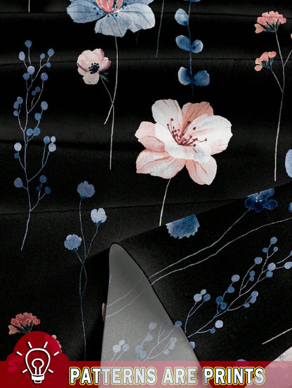 LUNE Plus Size Women Casual Black Summer Boho Vacation Holiday V-Neck Flutter Sleeve Relaxed Fit Blue & White Floral Print Loose Chiffon Shirt Blouse Fall
