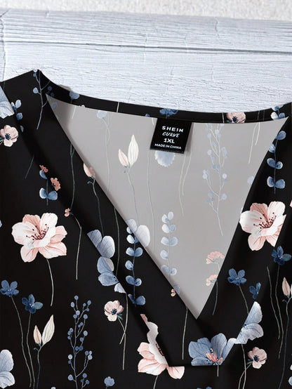 LUNE Plus Size Women Casual Black Summer Boho Vacation Holiday V-Neck Flutter Sleeve Relaxed Fit Blue & White Floral Print Loose Chiffon Shirt Blouse Fall
