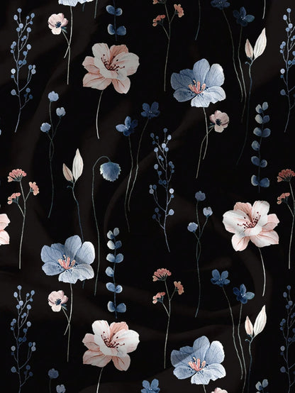 LUNE Plus Size Women Casual Black Summer Boho Vacation Holiday V-Neck Flutter Sleeve Relaxed Fit Blue & White Floral Print Loose Chiffon Shirt Blouse Fall