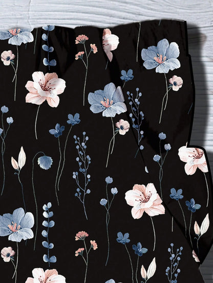 LUNE Plus Size Women Casual Black Summer Boho Vacation Holiday V-Neck Flutter Sleeve Relaxed Fit Blue & White Floral Print Loose Chiffon Shirt Blouse Fall