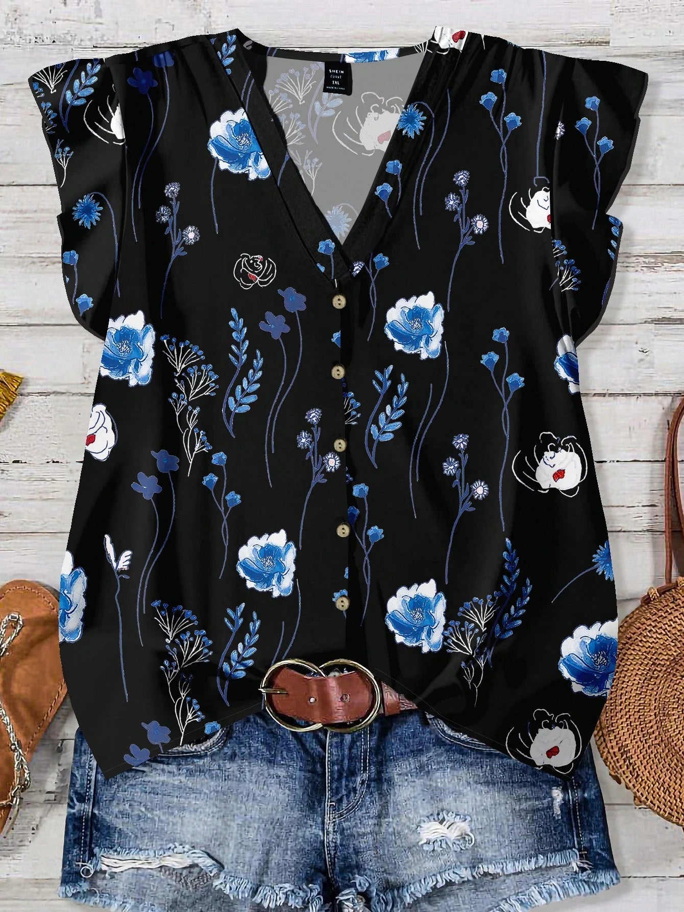 LUNE Plus Size Women Casual Black Summer Boho Vacation Holiday V-Neck Flutter Sleeve Relaxed Fit Blue & White Floral Print Loose Chiffon Shirt Blouse Fall