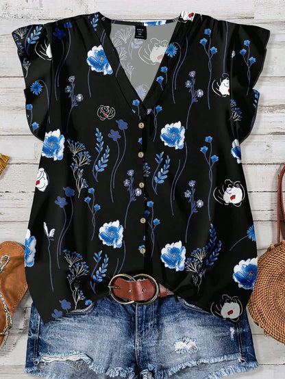 LUNE Plus Size Women Casual Black Summer Boho Vacation Holiday V-Neck Flutter Sleeve Relaxed Fit Blue & White Floral Print Loose Chiffon Shirt Blouse Fall