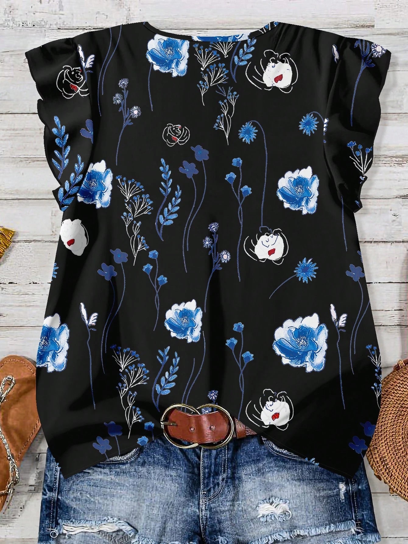 LUNE Plus Size Women Casual Black Summer Boho Vacation Holiday V-Neck Flutter Sleeve Relaxed Fit Blue & White Floral Print Loose Chiffon Shirt Blouse Fall