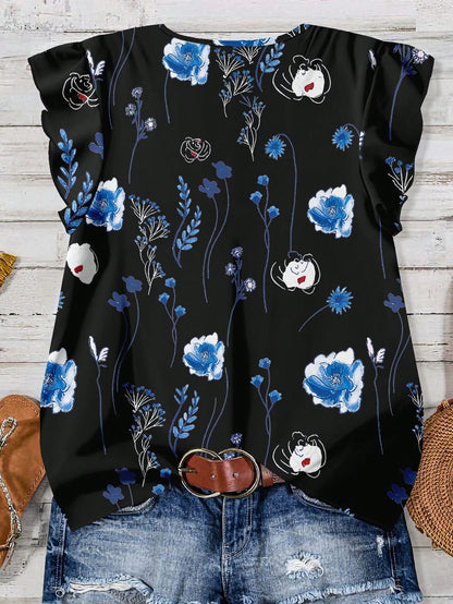 LUNE Plus Size Women Casual Black Summer Boho Vacation Holiday V-Neck Flutter Sleeve Relaxed Fit Blue & White Floral Print Loose Chiffon Shirt Blouse Fall