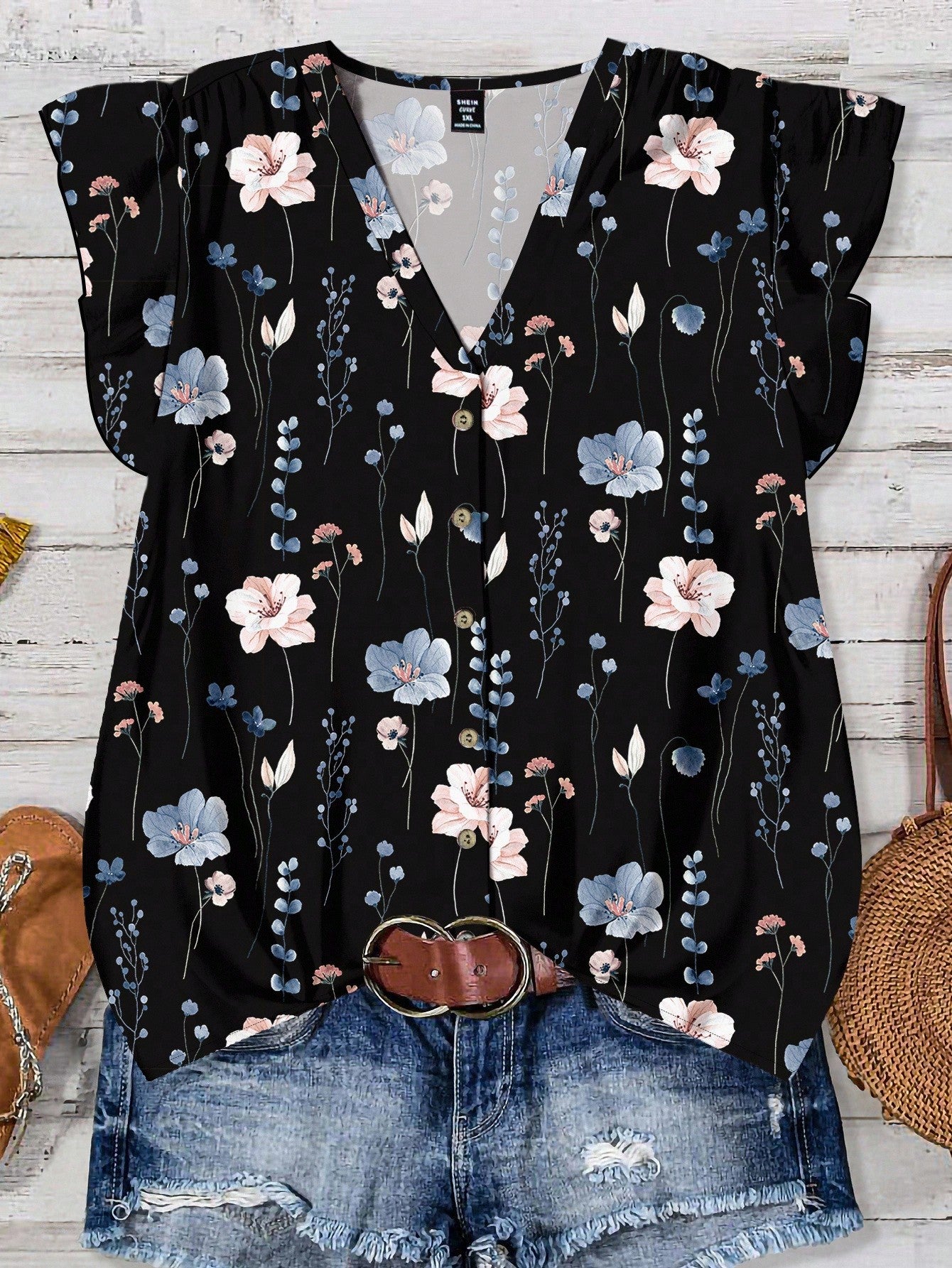 LUNE Plus Size Women Casual Black Summer Boho Vacation Holiday V-Neck Flutter Sleeve Relaxed Fit Blue & White Floral Print Loose Chiffon Shirt Blouse Fall