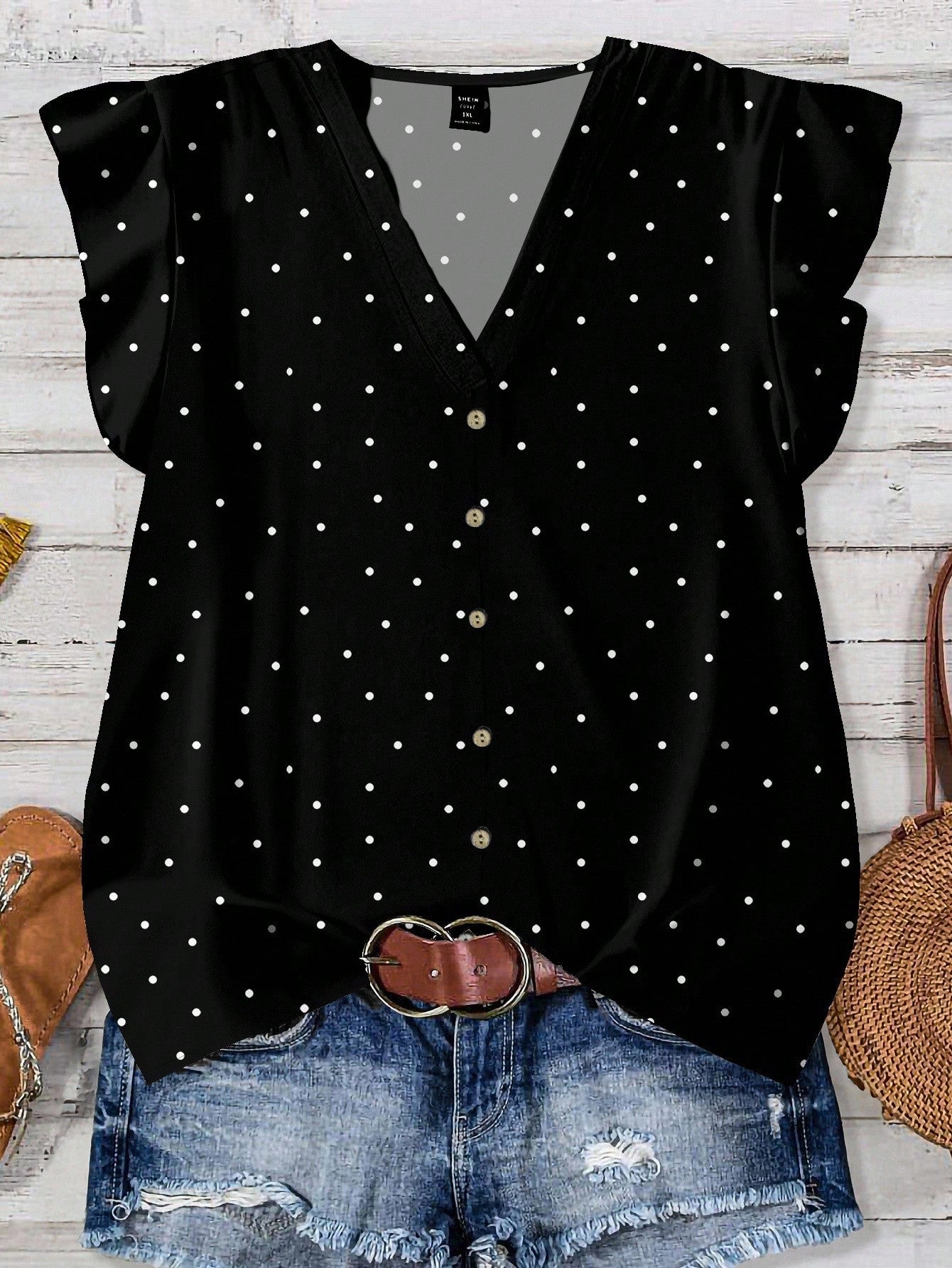 LUNE Plus Size Women's Summer Black And White Polka Dot V-Neck Loose Shirt,Flutter Sleeves Smart Casual Chic Blouses For Vacation,Spring Holiday Style Fall