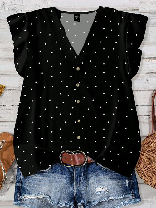LUNE Plus Size Women's Summer Black And White Polka Dot V-Neck Loose Shirt,Flutter Sleeves Smart Casual Chic Blouses For Vacation,Spring Holiday Style Fall