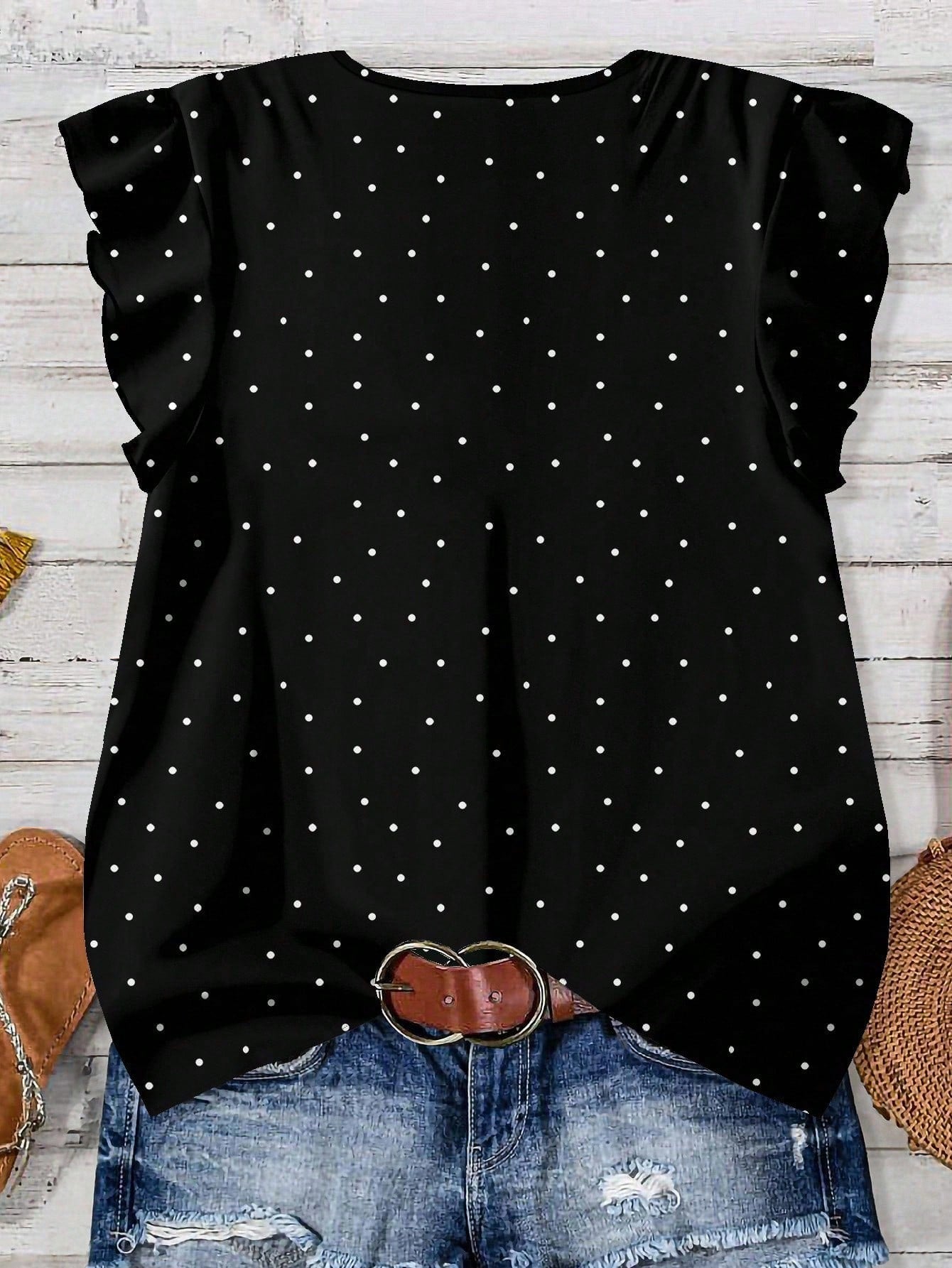 LUNE Plus Size Women's Summer Black And White Polka Dot V-Neck Loose Shirt,Flutter Sleeves Smart Casual Chic Blouses For Vacation,Spring Holiday Style Fall