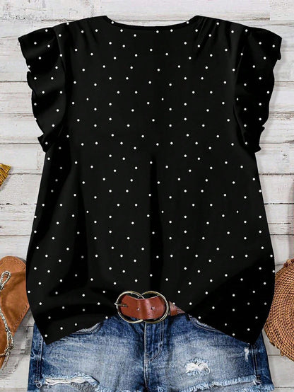 LUNE Plus Size Women's Summer Black And White Polka Dot V-Neck Loose Shirt,Flutter Sleeves Smart Casual Chic Blouses For Vacation,Spring Holiday Style Fall