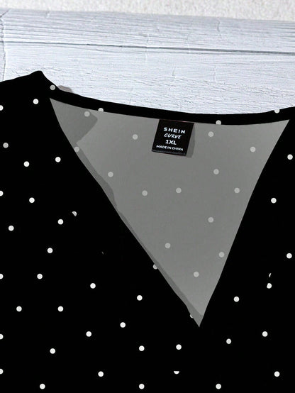 LUNE Plus Size Women's Summer Black And White Polka Dot V-Neck Loose Shirt,Flutter Sleeves Smart Casual Chic Blouses For Vacation,Spring Holiday Style Fall