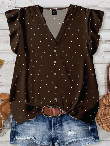 LUNE Plus Size Women's Summer Black And White Polka Dot V-Neck Loose Shirt,Flutter Sleeves Smart Casual Chic Blouses For Vacation,Spring Holiday Style Fall
