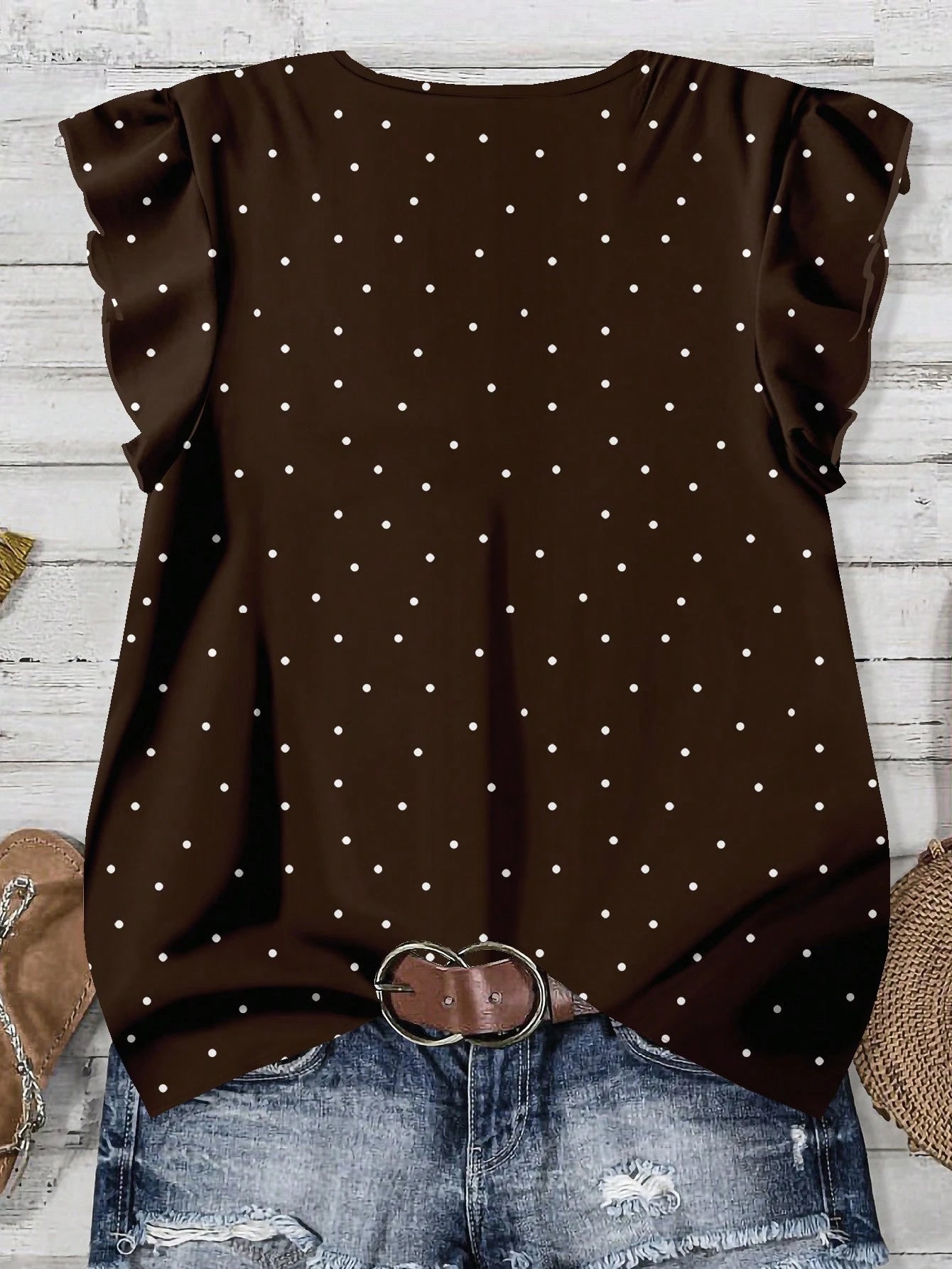 LUNE Plus Size Women's Summer Black And White Polka Dot V-Neck Loose Shirt,Flutter Sleeves Smart Casual Chic Blouses For Vacation,Spring Holiday Style Fall