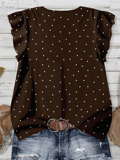 LUNE Plus Size Women's Summer Black And White Polka Dot V-Neck Loose Shirt,Flutter Sleeves Smart Casual Chic Blouses For Vacation,Spring Holiday Style Fall