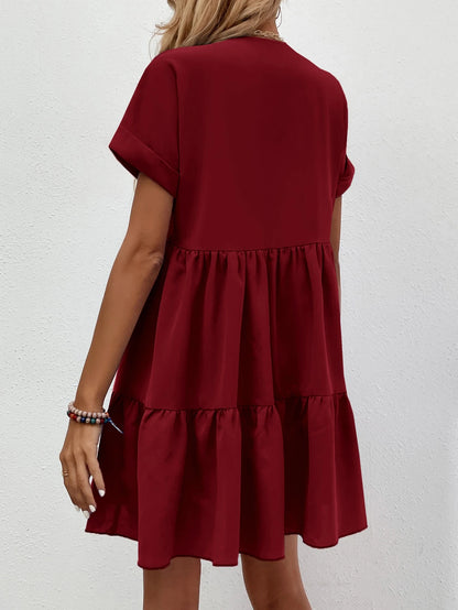 LUNE Roll Cuff Ruffle Hem Solid Dress Burgundy Color Women Outfit