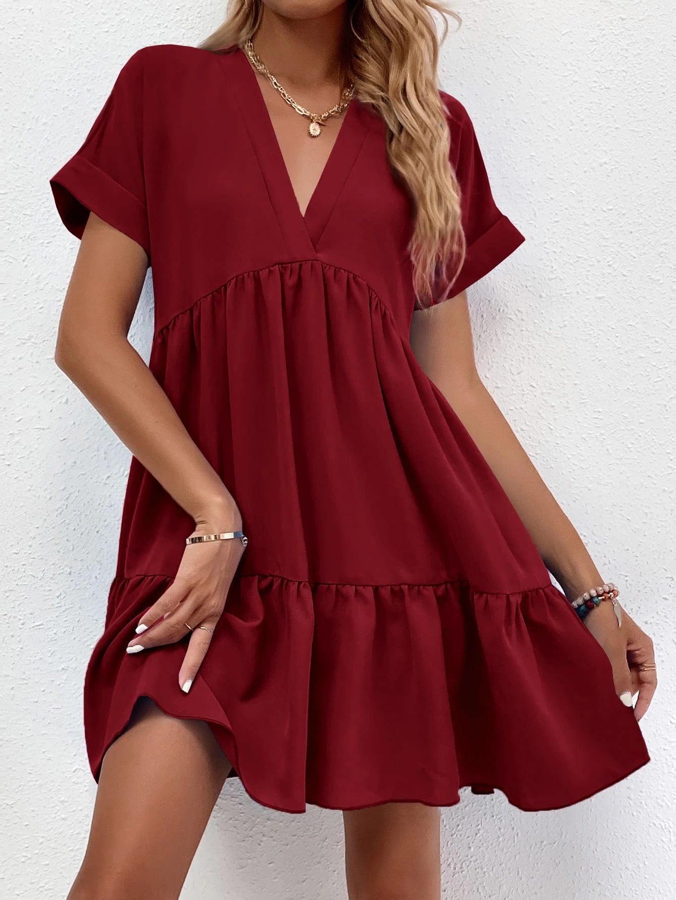 LUNE Roll Cuff Ruffle Hem Solid Dress Burgundy Color Women Outfit
