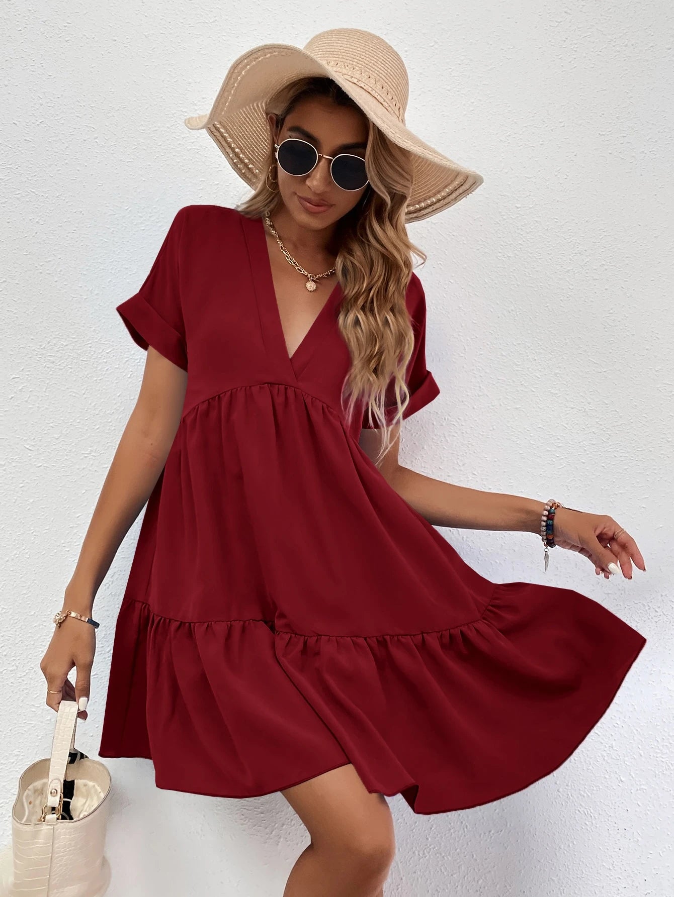 LUNE Roll Cuff Ruffle Hem Solid Dress Burgundy Color Women Outfit