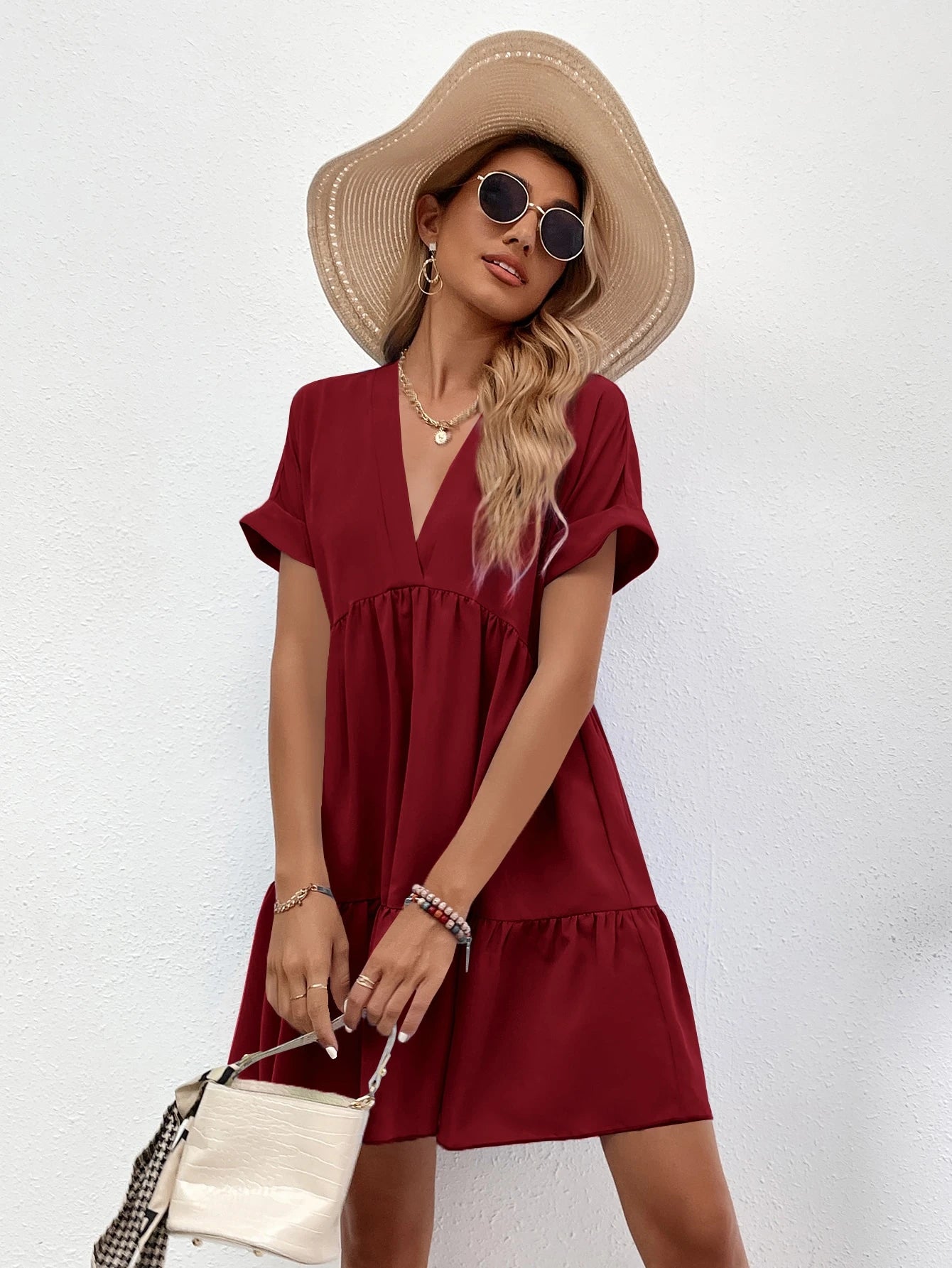 LUNE Roll Cuff Ruffle Hem Solid Dress Burgundy Color Women Outfit