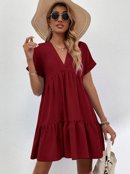 LUNE Roll Cuff Ruffle Hem Solid Dress Burgundy Color Women Outfit