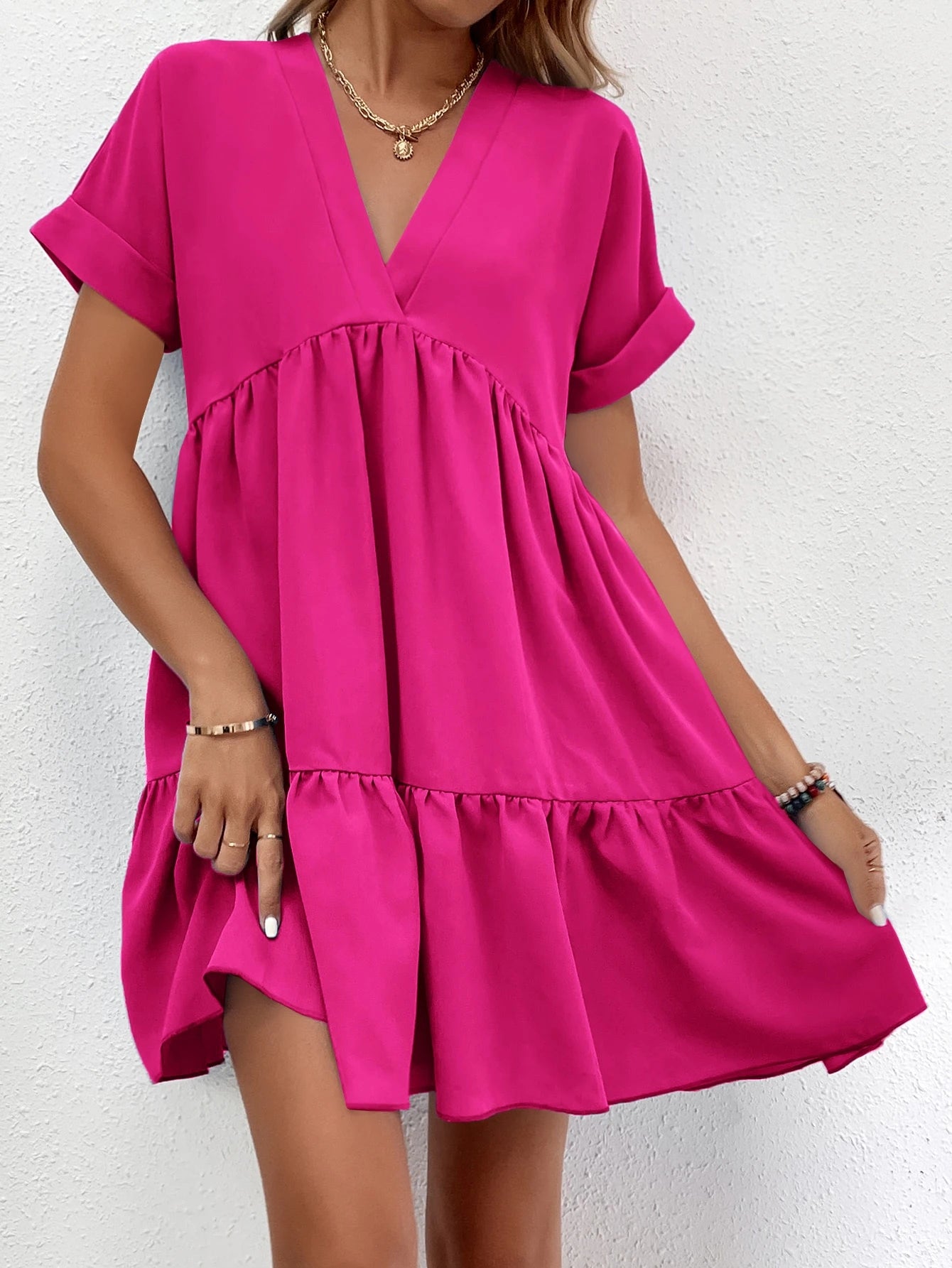 LUNE Roll Cuff Ruffle Hem Solid Dress Burgundy Color Women Outfit