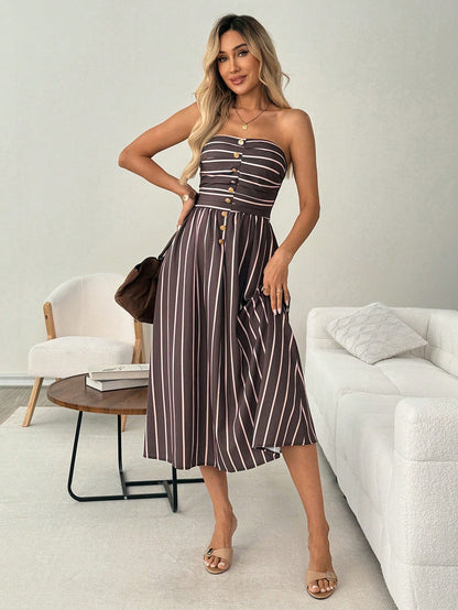 LUNE Women's Casual 70s French Elegant Brown And Pink Metal Buckle Decor Summer Vacation Commute Basic Outing Sleeveless Bandeau Midi Dress