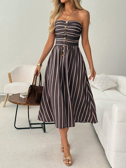 LUNE Women's Casual 70s French Elegant Brown And Pink Metal Buckle Decor Summer Vacation Commute Basic Outing Sleeveless Bandeau Midi Dress