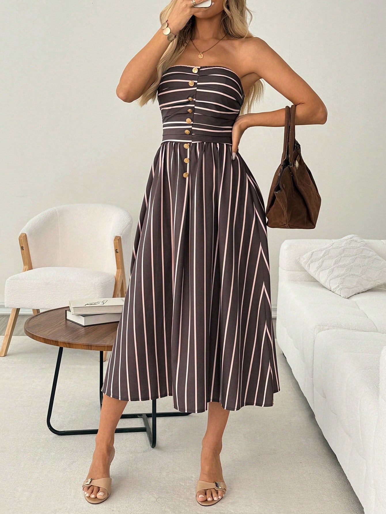 LUNE Women's Casual 70s French Elegant Brown And Pink Metal Buckle Decor Summer Vacation Commute Basic Outing Sleeveless Bandeau Midi Dress