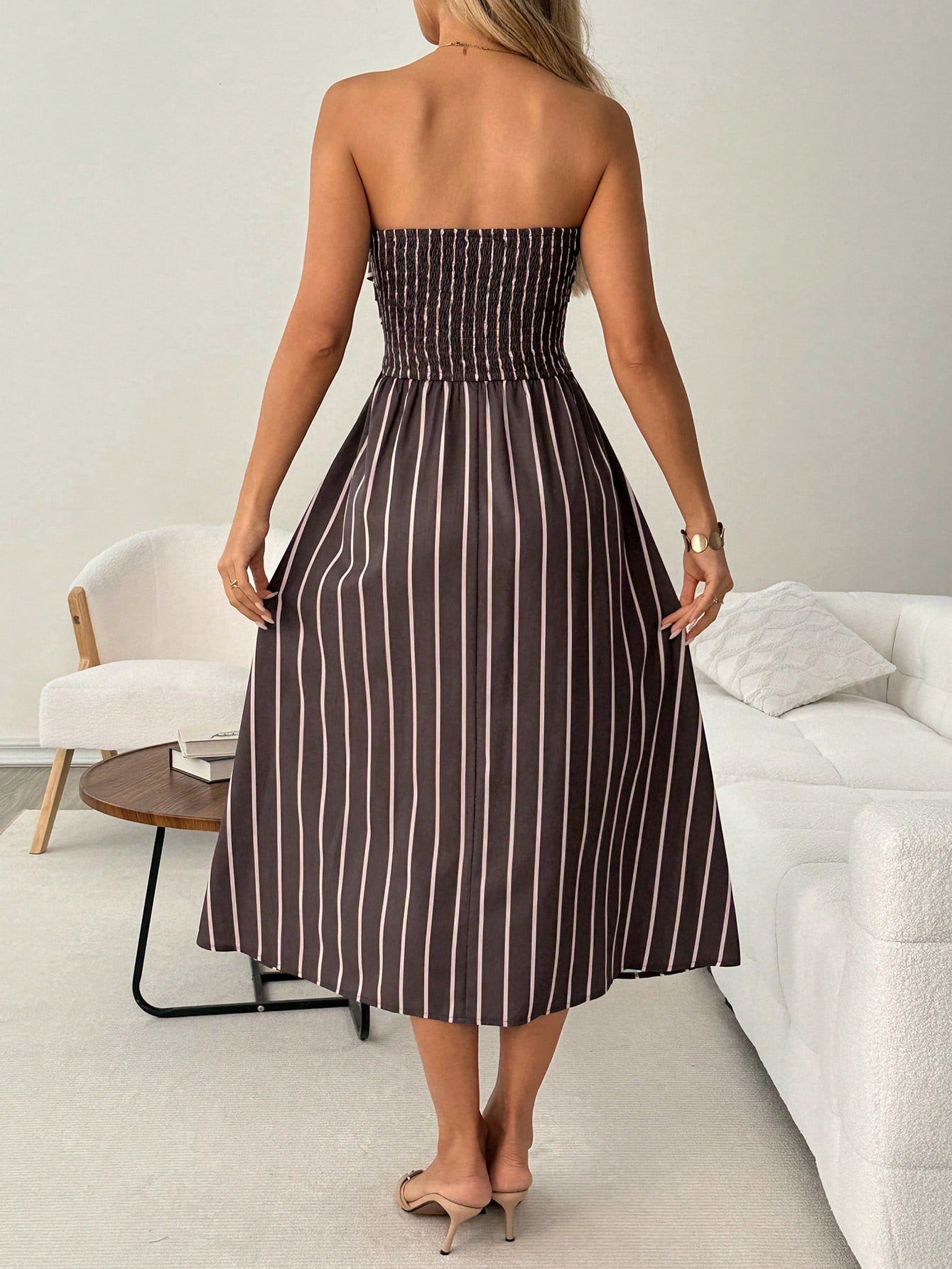 LUNE Women's Casual 70s French Elegant Brown And Pink Metal Buckle Decor Summer Vacation Commute Basic Outing Sleeveless Bandeau Midi Dress