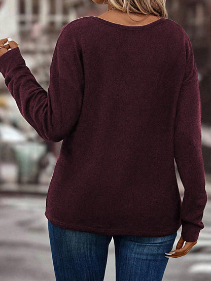 LUNE Women V-Neck Long Sleeve Drop Shoulder Loose Soft Knit Plus Size T-Shirt, Autumn/Winter Fall Cloth For Women