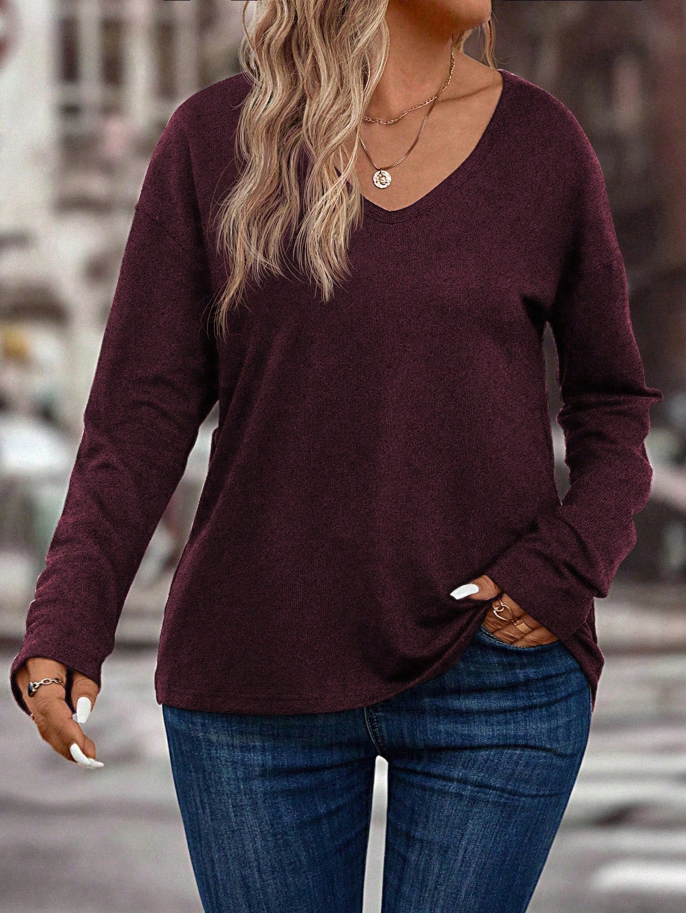 LUNE Women V-Neck Long Sleeve Drop Shoulder Loose Soft Knit Plus Size T-Shirt, Autumn/Winter Fall Cloth For Women