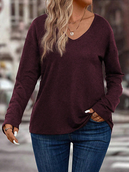 LUNE Women V-Neck Long Sleeve Drop Shoulder Loose Soft Knit Plus Size T-Shirt, Autumn/Winter Fall Cloth For Women