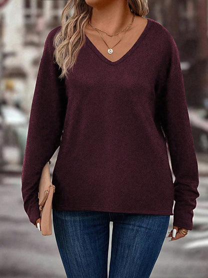 LUNE Women V-Neck Long Sleeve Drop Shoulder Loose Soft Knit Plus Size T-Shirt, Autumn/Winter Fall Cloth For Women
