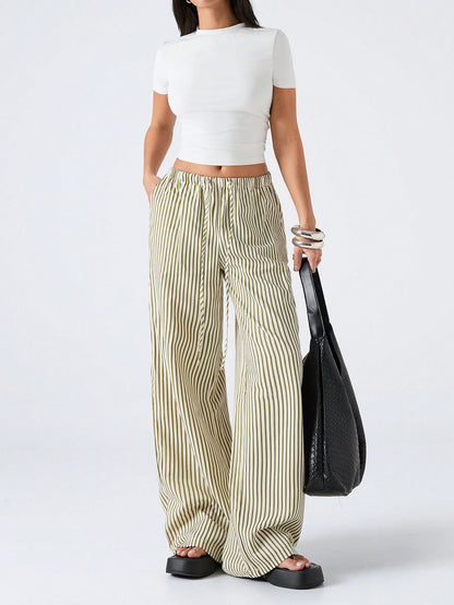 LYSMO Women's Casual Striped Drawstring Waist Loose Pants